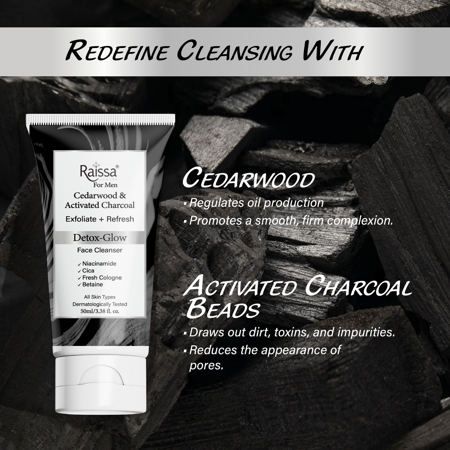 Raissa Men’s Detox Glow Charcoal Face Cleanser with Niacinamide & Cica