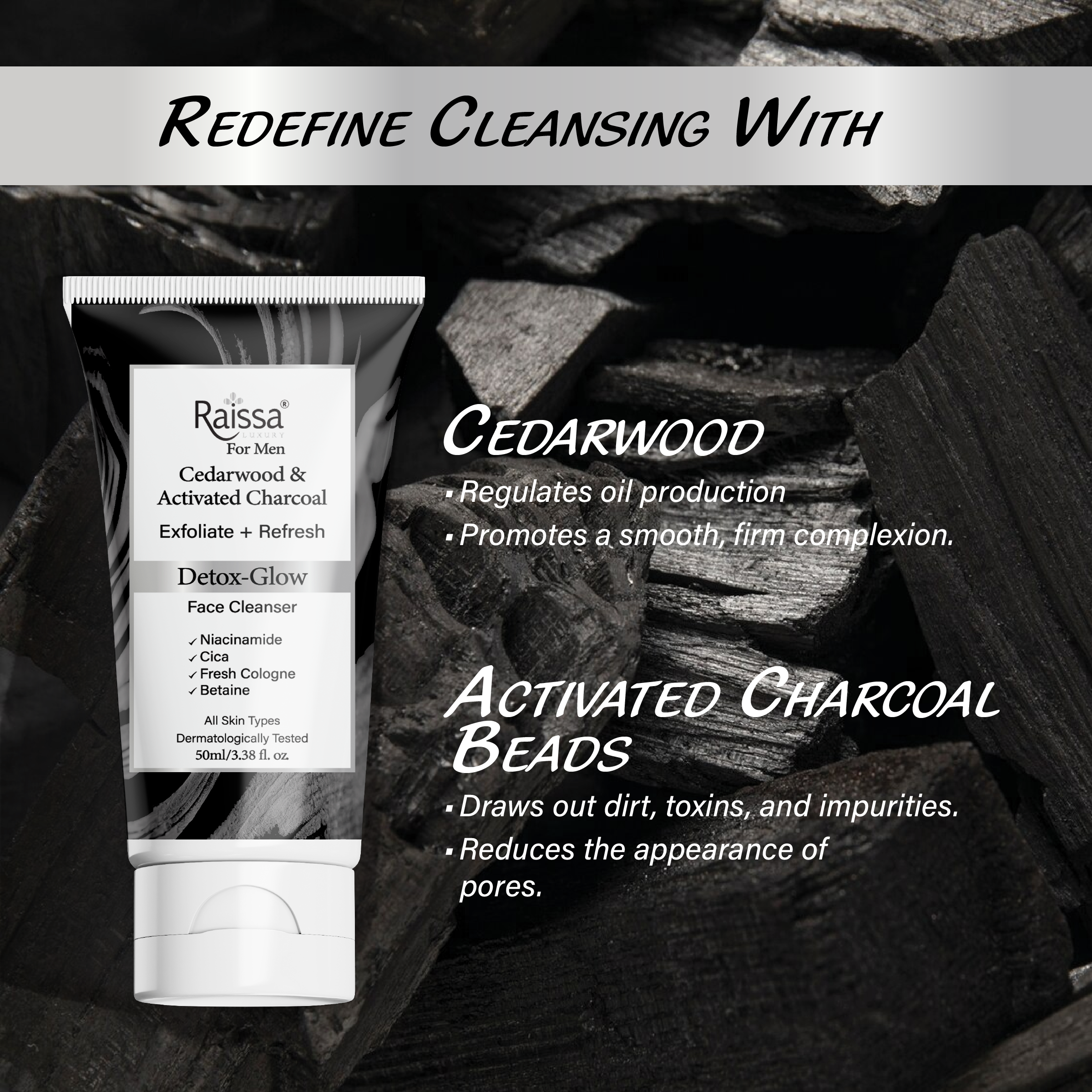 Raissa Mens Detox Glow Activated Charcoal Face Cleanser