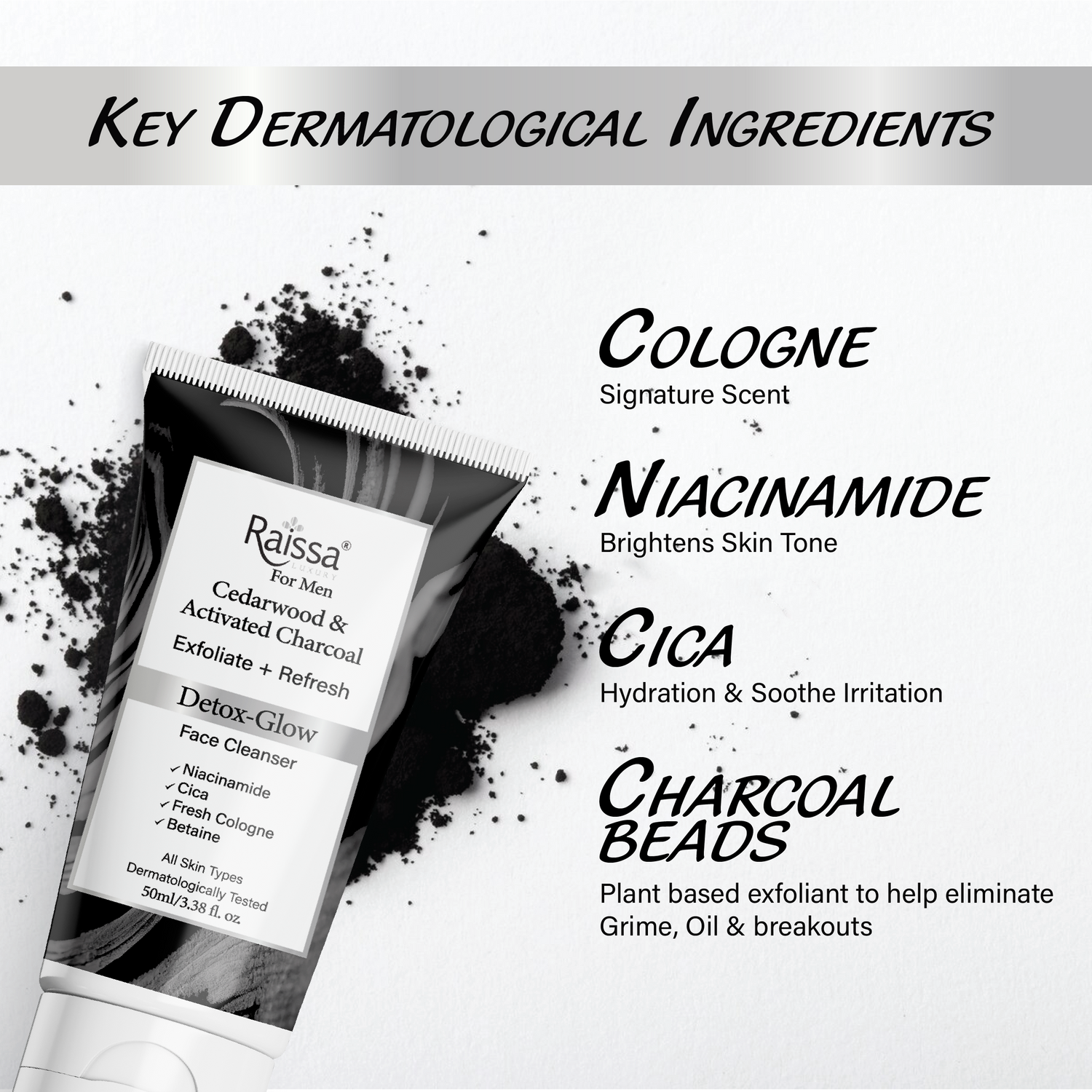 Raissa Men’s Detox Glow Charcoal Face Cleanser with Niacinamide & Cica