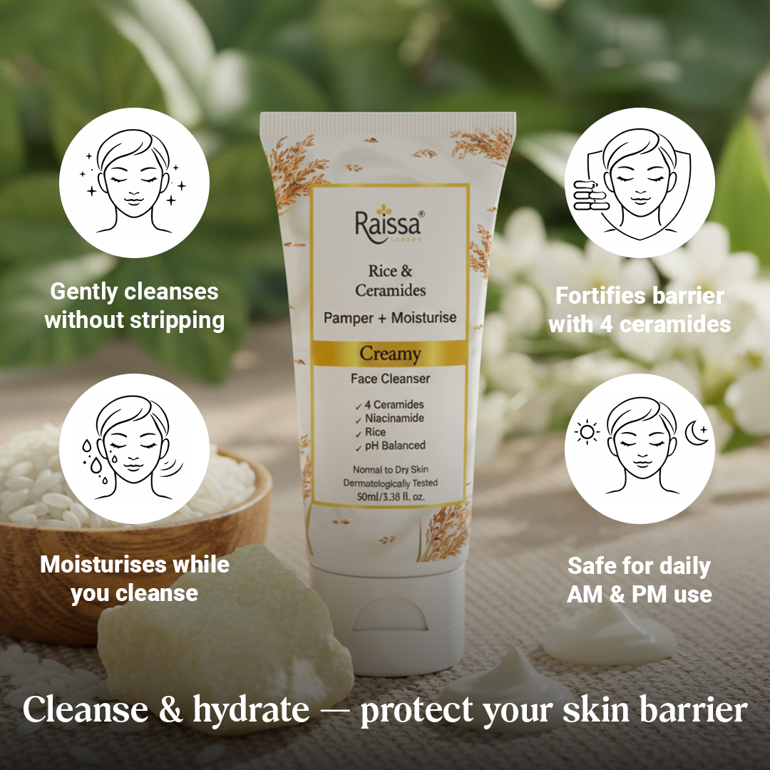 Raissa Creamy Face Cleanser for Hydrated Skin with 4 Ceramides & Rice Extracts