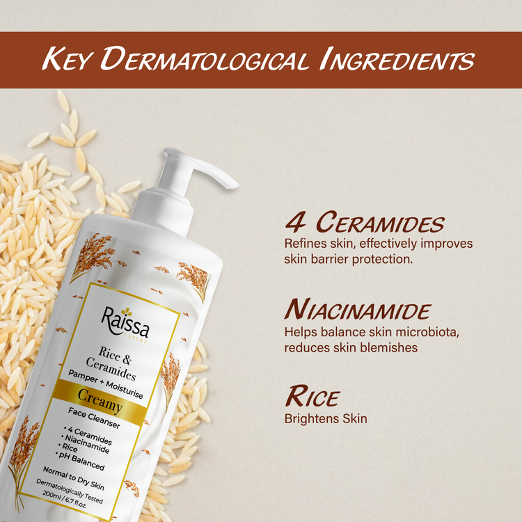 Raissa Creamy Face Cleanser for Hydrated Skin with 4 Ceramides &amp; Rice Extracts