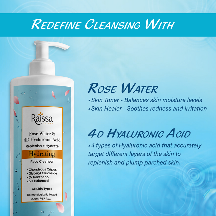Raissa Hydrating Face Cleanser for Instant Moisture with Rose Water &amp; 4D Hyaluronic Acid