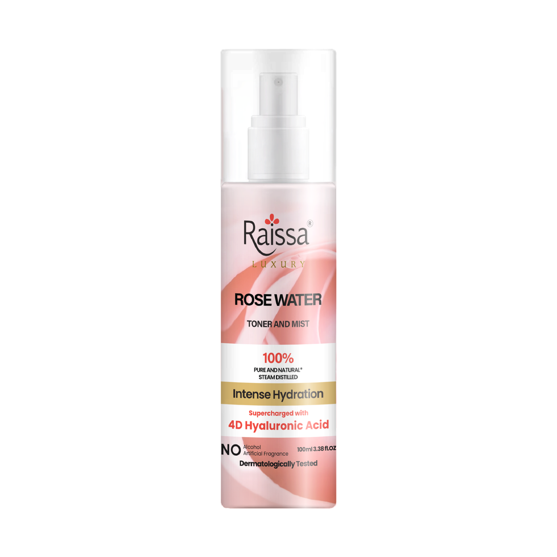 Raissa Rose Water Toner For Face| With 4D Hyaluronic Acid &amp; 100% Pure Rose Extracts| Tightens Pores| Instantly Hydrates| Balances pH| Alcohol-Free| Non-Drying| Soft Spray| All Skin types| 100 ml