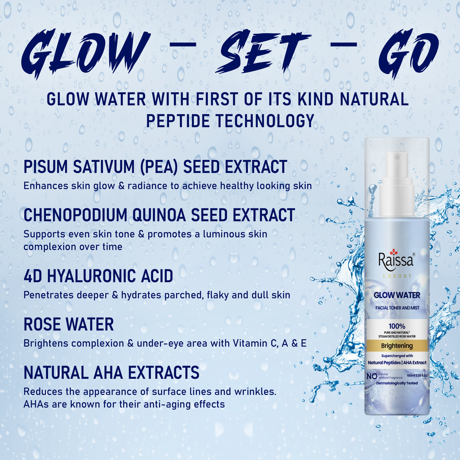 Raissa Glow Water Toner For Face| With Natural Peptides, AHA Extract &amp; 100% Pure Rose Extracts| Tightens Pores| Instantly Hydrates| Balances pH| Alcohol-Free Spray| All Skin types| 100 ml