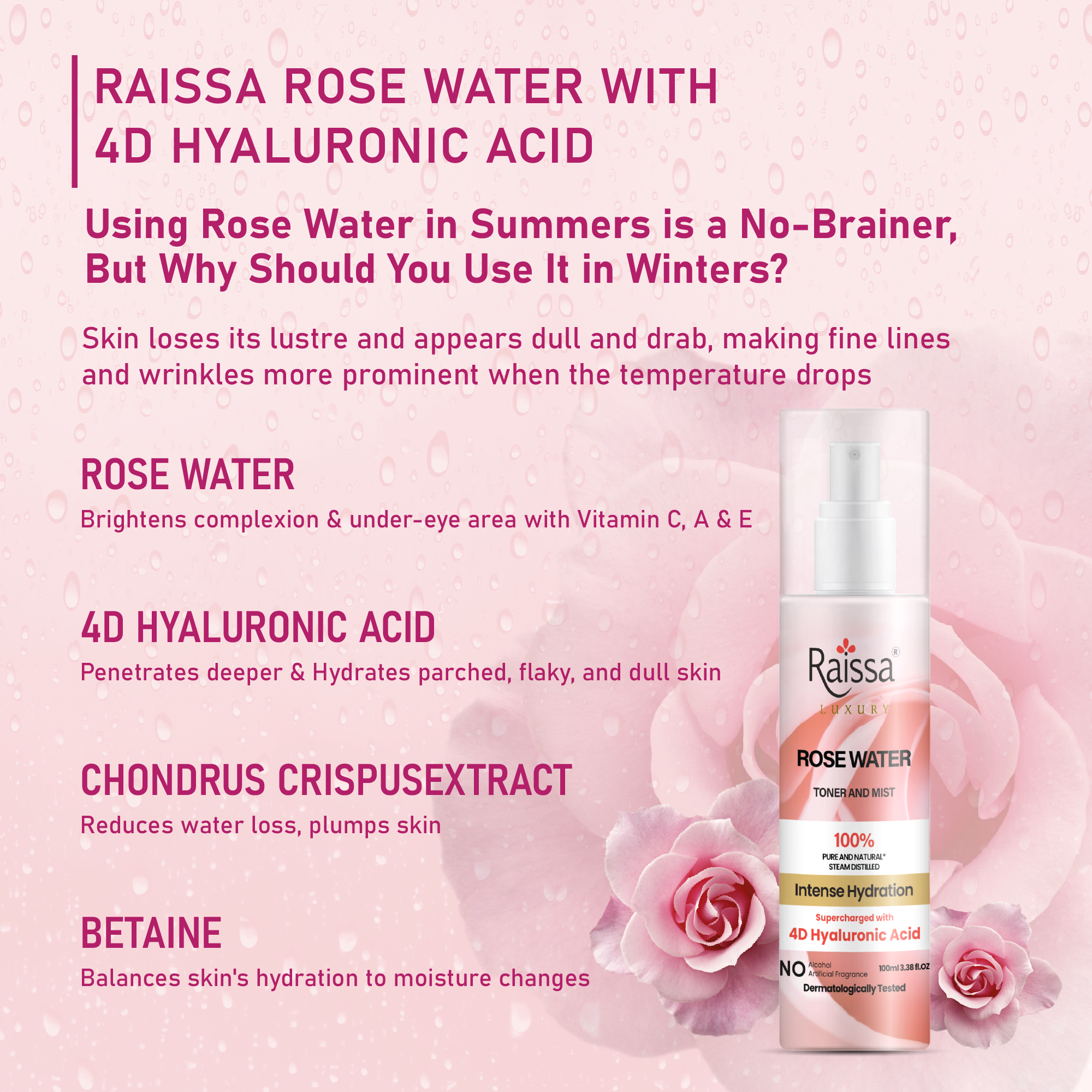 Raissa Rose Water Toner For Face| With 4D Hyaluronic Acid &amp; 100% Pure Rose Extracts| Tightens Pores| Instantly Hydrates| Balances pH| Alcohol-Free| Non-Drying| Soft Spray| All Skin types| 100 ml