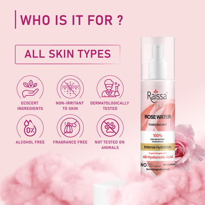 Raissa Rose Water Toner For Face| With 4D Hyaluronic Acid &amp; 100% Pure Rose Extracts| Tightens Pores| Instantly Hydrates| Balances pH| Alcohol-Free| Non-Drying| Soft Spray| All Skin types| 100 ml